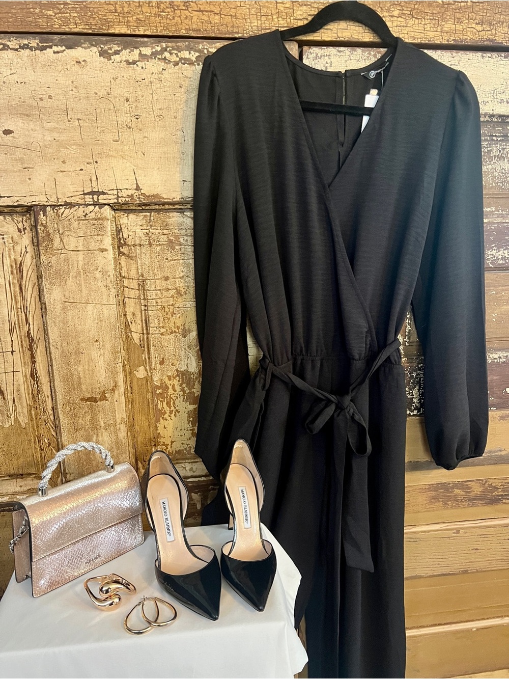 Black Long Sleeve Wrap Jumpsuit | Tie Waist | Pockets Balloon Sleeve NWOT Size L